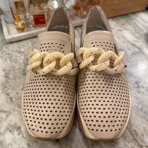 Dolce Vita Cream Suede Loafers with Gold Chain Detail